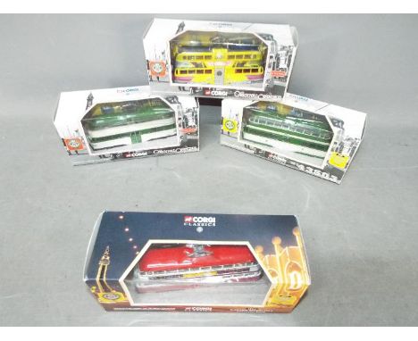Corgi  - Four boxed diecast model trams. Lot consists of Corgi Classics #43504 Blackpool Balloon Tram 'Illuminations Special'