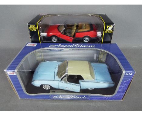 Anson - Two boxed diecast 1:18 scale model cars by Anson. Lot includes a Saab 900 Turbo Cabriolet; together with a 1963 Ford 