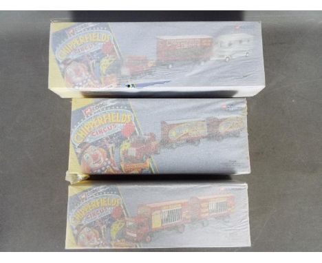 Corgi Classics - 3 x factory sealed Chipperfield sets, # 97885 Scammell Highwayman with Trailer and Caravan, # 97915 Scammell