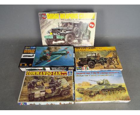 Revell - Italeri - Hasegawa - 5 x boxed military model kits in various scales including # 08362-9 Dodge Weapons Carrier in 1: