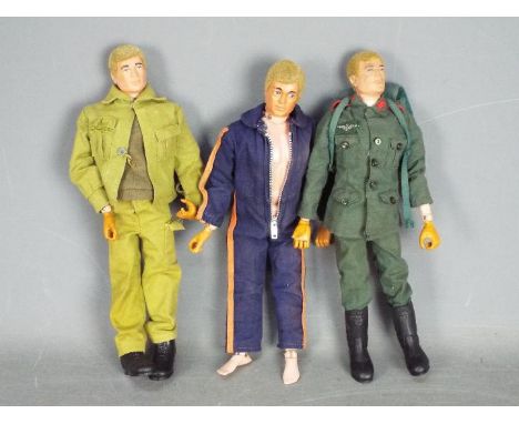 Palitoy, Action Man - Three unboxed vintage Action Man figures. Lot consists of a three blonde flock haired gripping hands fi