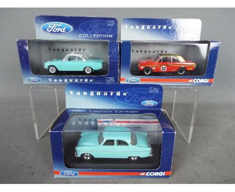 Corgi Vanguards - 3 x boxed Ford models including # VA03400 Capri 109E GT in Caribbean Turquoise and Ermine White, # VA04110 