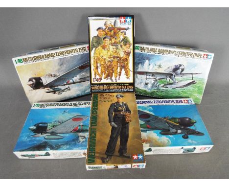 Tamiya - A collection of 6 x boxed model kits in various scales including # 36301 Wehrmacht Tank Crewman in 1:16 scale, # 325