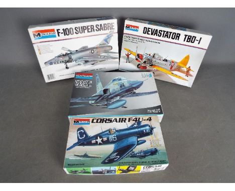 Monogram - A group of 4 x military aircraft kits in 1:48 scale including # 5416 F-100 Super Sabre, # 6833 Vought Corsair F4U-