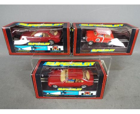 Scalextric by Hornby - three Scalextric Superslot Models comprising two x H.001 BMW 318i Burdeos and C.038 Mini Cooper Rojo, 