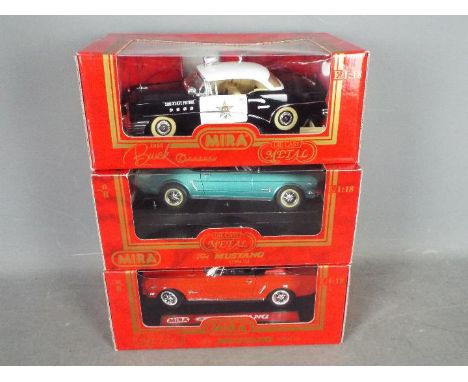 Mira - Three boxed 1:18 scale diecast model cars by Mira. Lot contains Mira Ford Mustang 1964 (red); Ford Mustang 1964 (Green