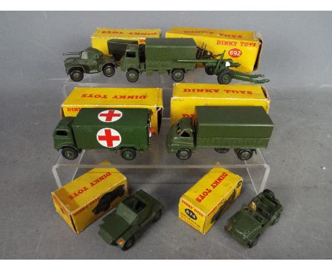 Dinky - A collection of 7 x Military vehicles including # 626 Military Ambulance, # 673 Scout Car, # 621 Bedford 3-Ton Wagon 