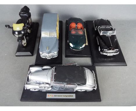 Anson, Solido, Others - Four unboxed 1:18 scale diecast model cars plus a plastic motorcycle alarm clock. Lot includes Anson 