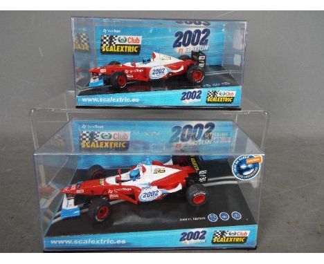 Scalextric Club - two Scalextric TechiToys 2002 FI Edition racing cars #6105, both in perspex display boxes