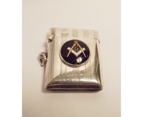 1920's hallmarked silver engine turned vesta case with applied circular enamel of masonic motif Sheffield 1920