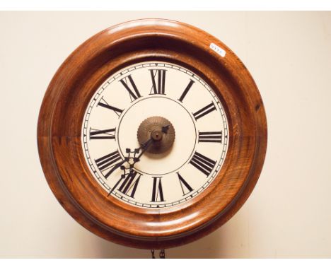 Victorian circular postman's clock with mahogany case and white enamel dial 11.5" diameter overall 