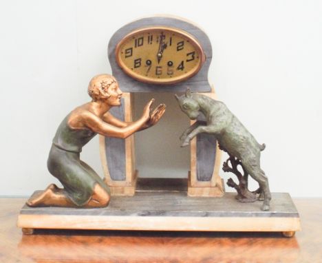 French marble deco style mantel clock with figure and goat mount 19" wide x 15" high 