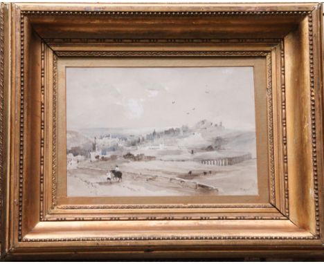 Watercolour and wash sketch of a continental landscape with notes dated 2nd May 18 x 25cm 