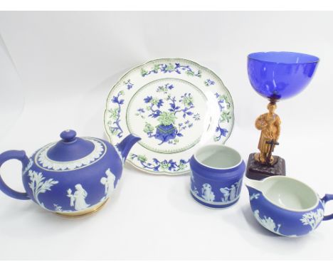3 piece Wedgwood blue Jasper tea service, minor defects, Royal Worcester cake plate and a Bristol blue glass mounted comport 