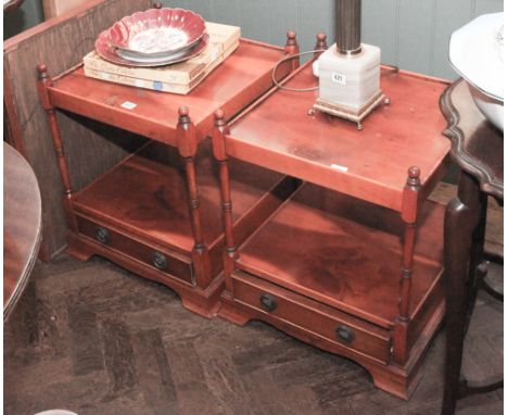 Pair of square reproduction yew wood lamp tables, each fitted one drawer