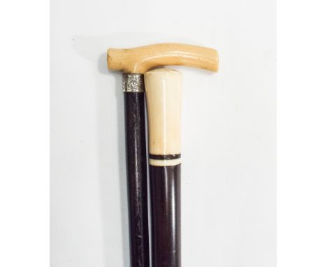 Victorian ivory mounted walking cane and an ivory mounted silver handled stick 