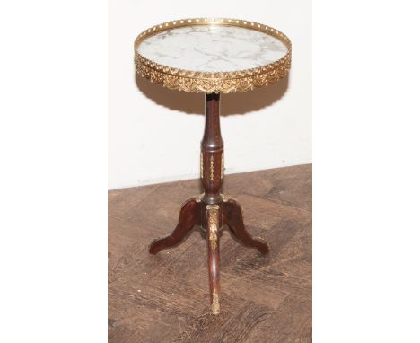 Small reproduction French style gilt decorated lamp table with marble top and pillar and tripod base 13.5" diameter 