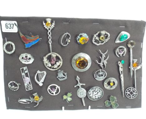 Collection of silver and white metal brooches, some set with stones, enamel etc.