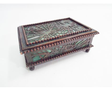 Art nouveau Tiffany trinket box, green marbled pierced glass lid stamped to base Tiffany Studios New York 800 (89 or 69).  11