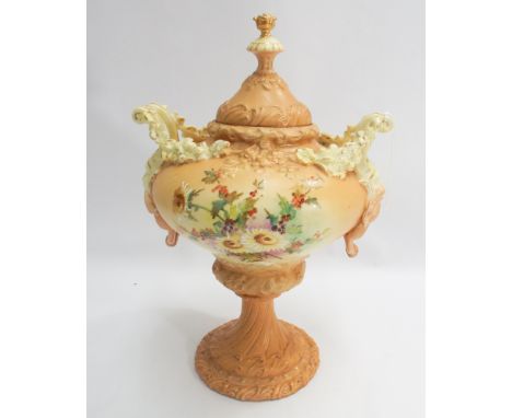 Blush ivory twin handled urn and cover, hand painted with floral sprays in Royal Worcester style 33cm tall 