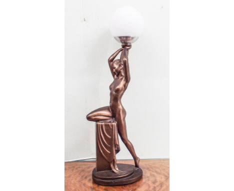 Plaster art deco style naked lady figure table lamp holding a ball type shade - 20" tall 