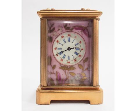 Miniature brass porcelain panel carriage clock with key