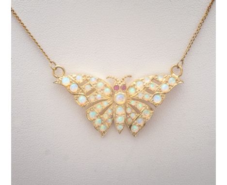 Victorian style 9ct yellow gold opal and ruby butterfly pendant 