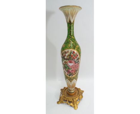 Green and gilt Bohemian painted glass vase mounted as a table lamp base painted with an oval floral spray 45cm tall including