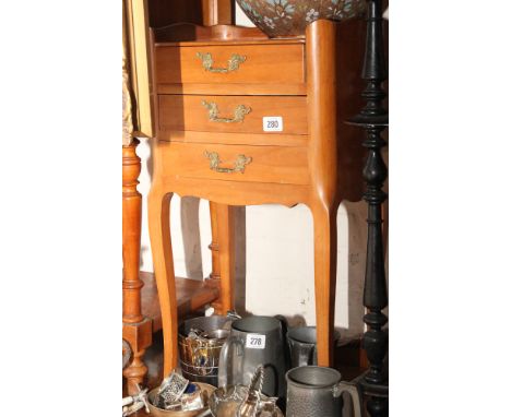 French light satinwood style bedside chest fitted 3 drawers with tray top 