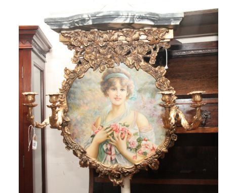 Decorative painted portrait panel wall sconce with faux marble shelf bracket top - 24" high