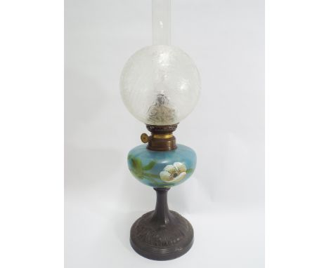 Victorian pewter oil lamp with floral decorated bowl 21" high 