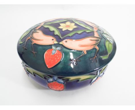 Moorcroft trinket jar and cover with the strawberry thief pattern with silver mark to base