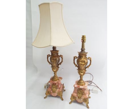Pair of gilt metal and rouge marble table lamp bases, sitting approx 20" tall 