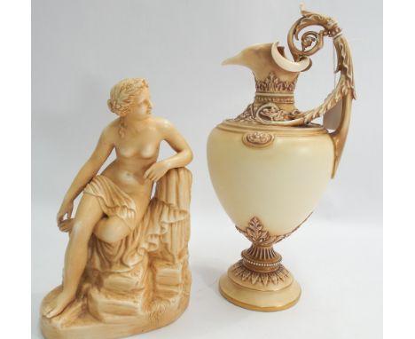 Royal Worcester blush ivory ewer with gilt decoration and a similar but un-marked figure of a maiden on a naturalistic style 