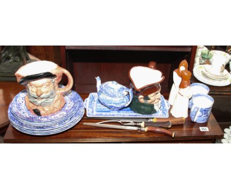 2 Royal Doulton character jugs, pair of blue and white Spode plates, dishes, teapot, set of three carvers etc. 