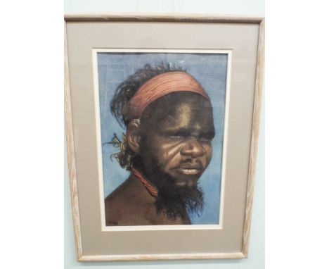 Pastel portrait of an aborigine signed J D Lyons dated 1953.  32 x 22cms 