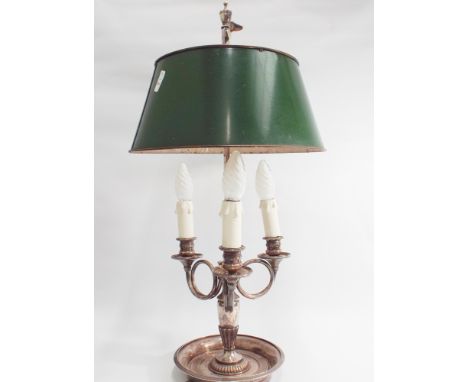 Vintage French silver plated candelabra style lamp base with original green enamelled tin shade. Standing 24 inches tall  Nee