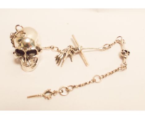 Sterling silver macabre skull watch chain and snuff box stamped sterling 