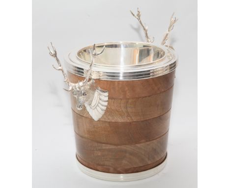 Light Oak and silver plated ice bucket, mounted with red deer head handles 