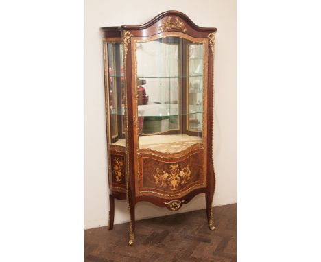 Reproduction French style D shaped china display cabinet with floral inlay and gilt decoration 38" wide x 71" high with elect