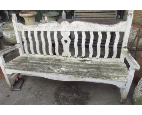 White painted slat seat wooden garden bench, shaped back with pierced heart splat and rails, W186cm D70cm H105cmAs found, fau
