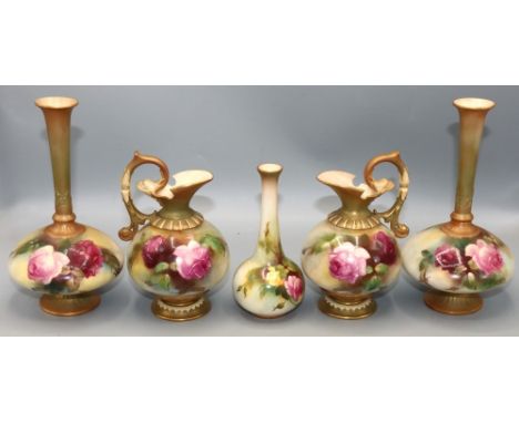 Collection of Royal Worcester porcelain decorated with roses, comprising pair of tall necked vases, H18cm, pair of jug vases,
