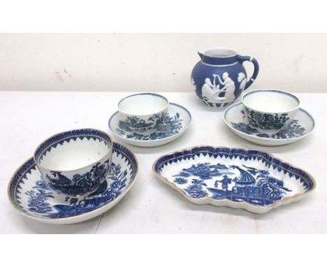 Worcester first period ceramics, incl. two 'Fence' tea bowls with saucers, with crescent marks, saucers A/F, c.1768-1780; 'Fi