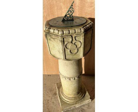 Weathered composition sundial, octagonal top with verdigris copper Tempus Fugit register, on circular tapering column support