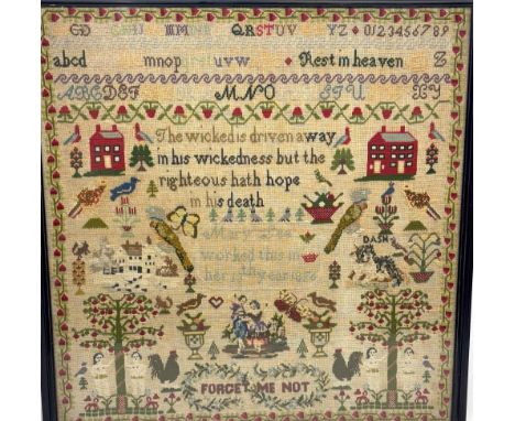 Victorian needlework sampler by 13 year old Mary Lee, 1876, with central biblical verse, Proverb 14:32, alphabet lettering an