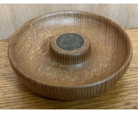 Lyndon Cat & Mouseman Hammell - an oak circular nut bowl, the raised centre inset with a 1939 Penny, incised with signature c