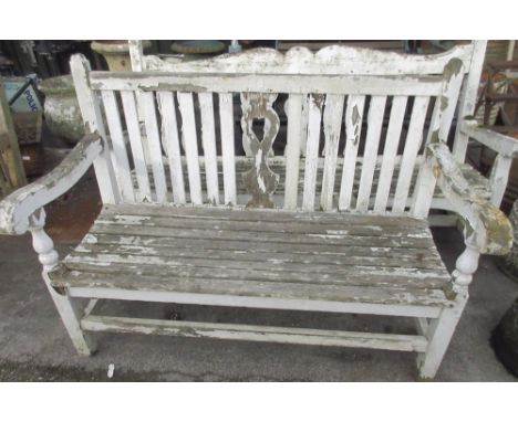 White painted slat seat wooden garden bench, plain back with pierced heart splat and rails, W137cm D62cm H104cmAs found, faul