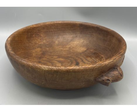 Robert Mouseman Thompson - adzed oak circular fruit bowl, carved with signature mouse, D23.5cmShipping £33.00 plus vat (UK On