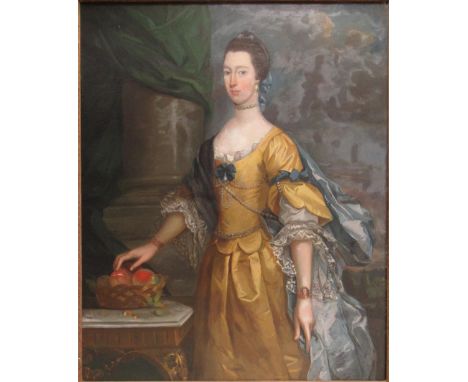 Style of J. Woodington (18th century;) Three quarter length portrait of a lady standing in yellow dress with blue wrap, oil o