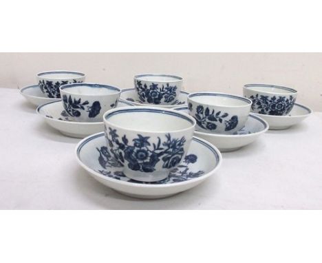 Six Worcester first period 'Three Flowers' tea bowls and saucers, with blue crescent marks c. 1776-1790 (12)Shipping £38.00 p